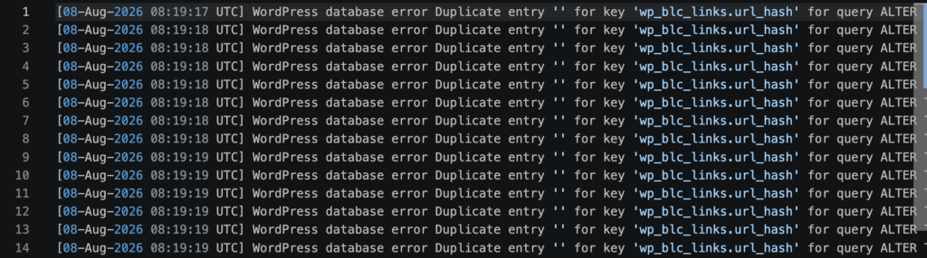 debug.log に「Duplicate entry '' for key 'url_hash'」というデータベースエラーが同じ内容で何行も並んでいる画面
