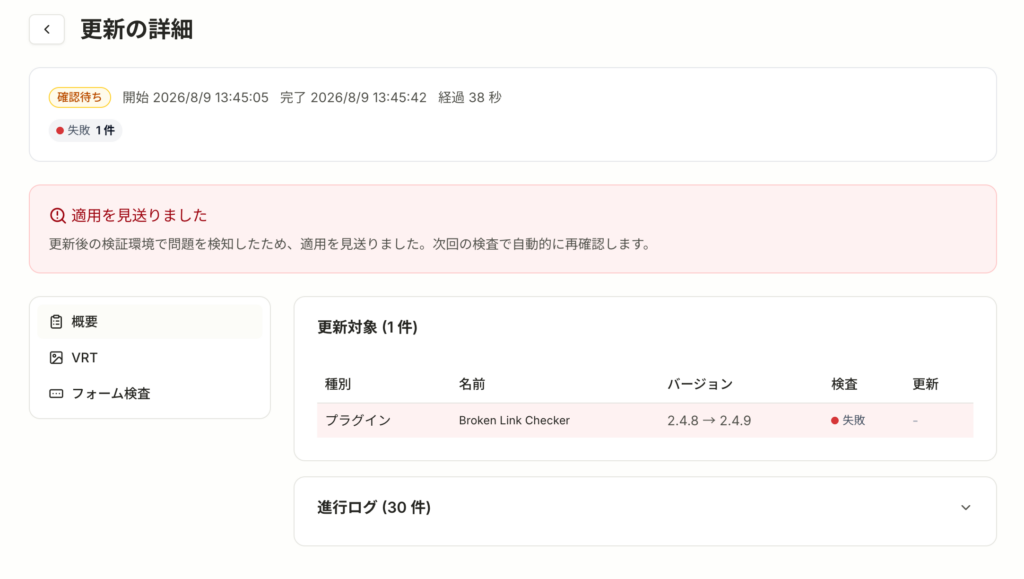 PatchOn ダッシュボードの更新の詳細画面。Broken Link Checker 2.4.8 から 2.4.9 の検査結果が「失敗」と表示され、「適用を見送りました」の通知が出ている